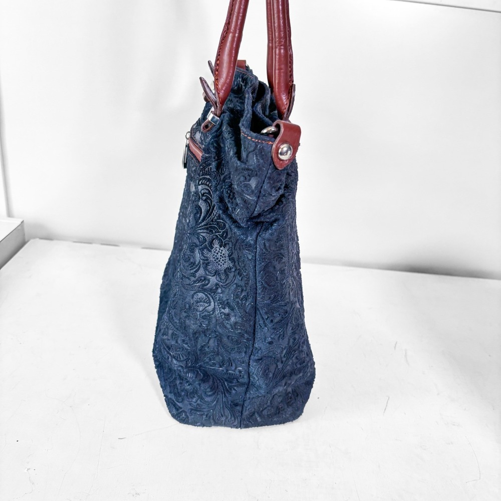 Borse in Pelle Navy Floral Embossed Suede Leather Tote Bag Made in Italy - Picture 4 of 12